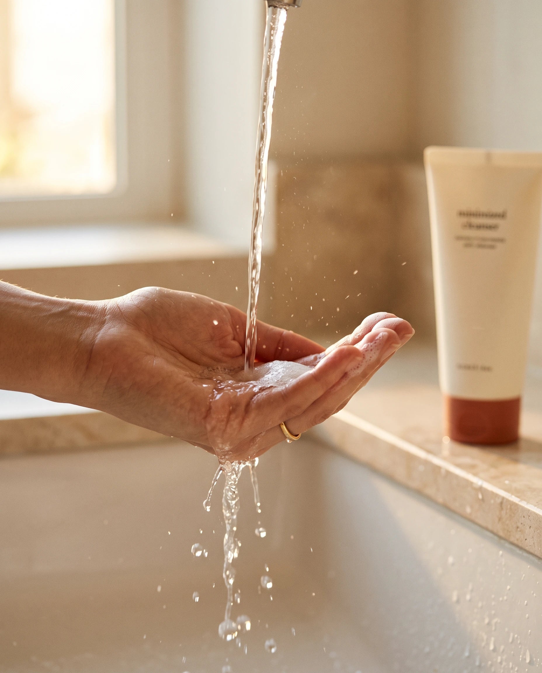 Hand under warm running water
