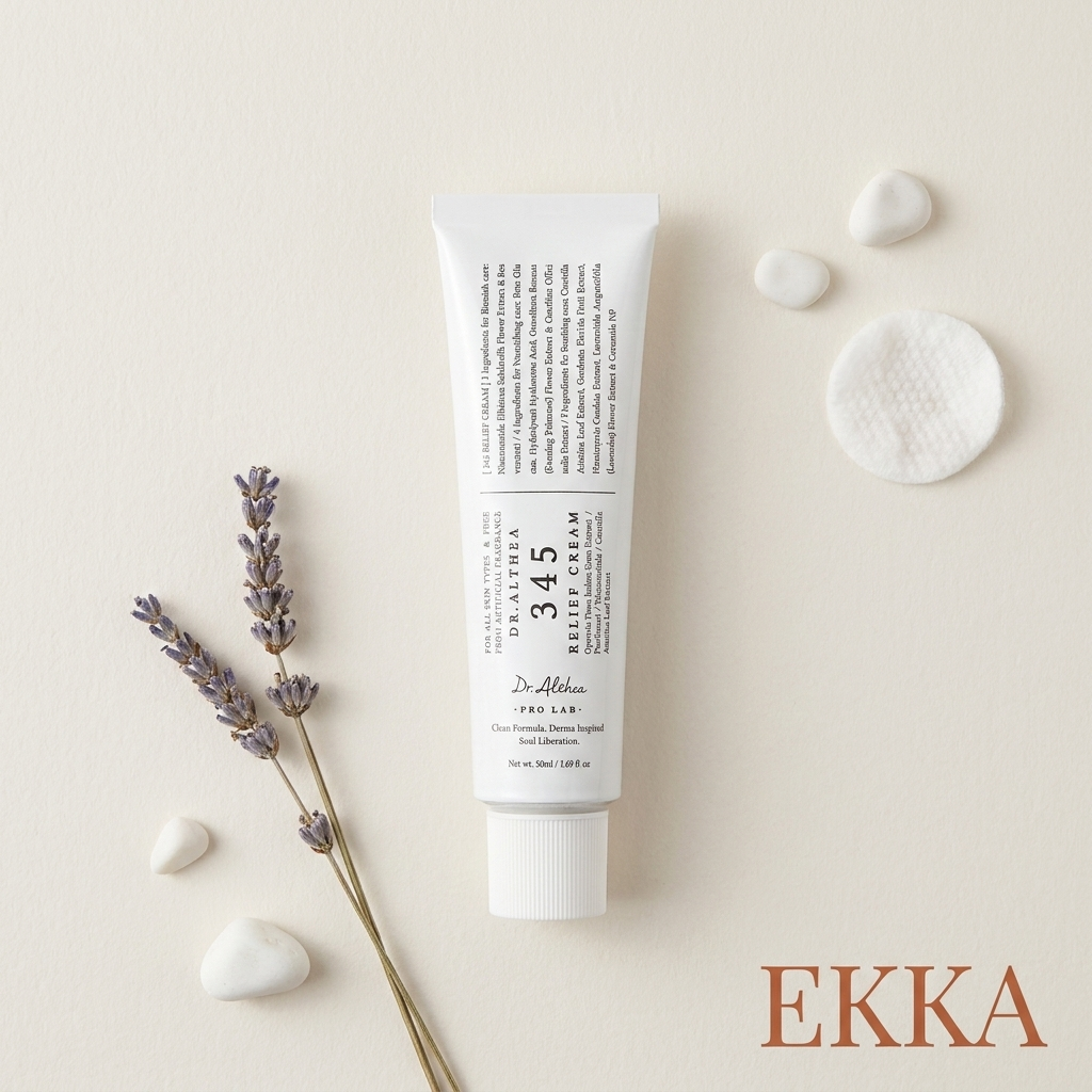 Ekka Beauty Dr. Althea 345 Relief Cream, flat lay with EKKA wordmark